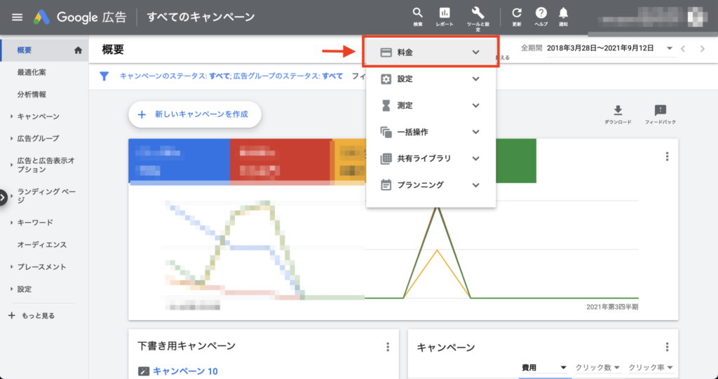 Google広告の管理画面にある「料金」